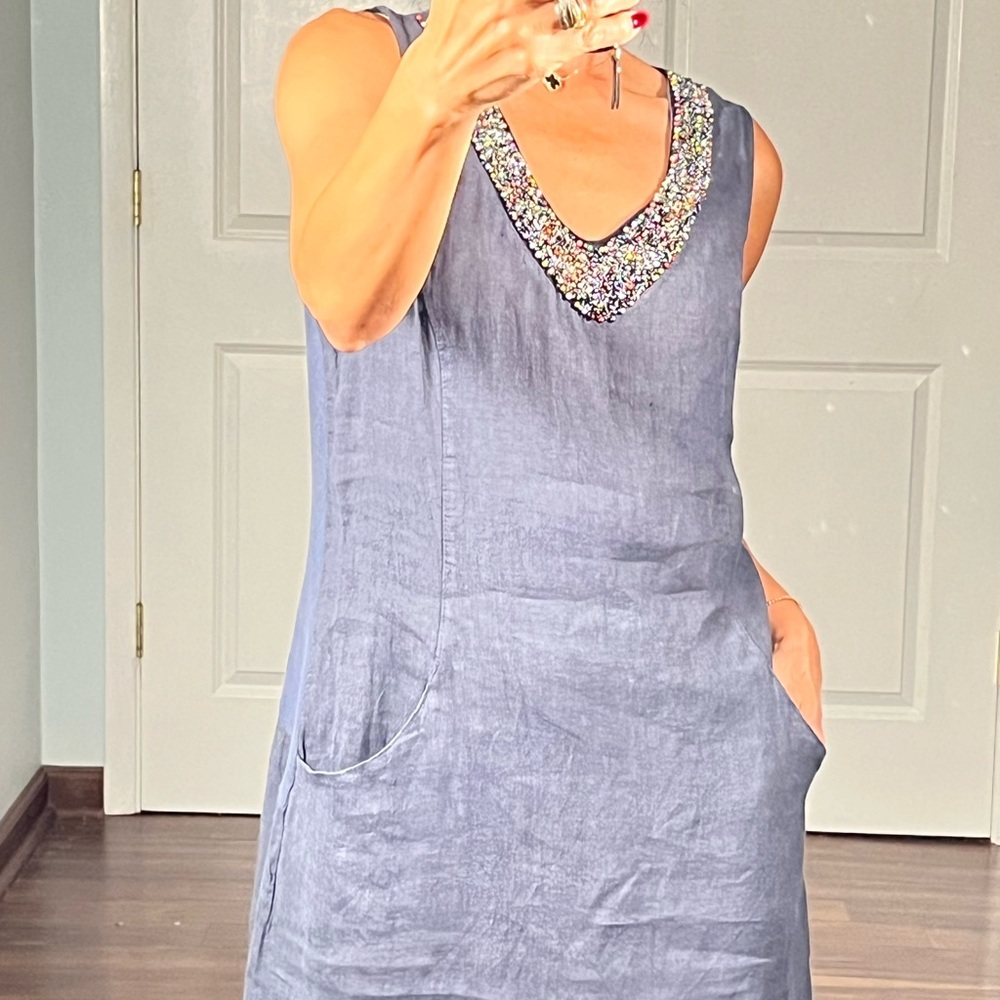 Lina Tomei 100% linen beaded neckline shirt dress size S - Picture 6 of 15